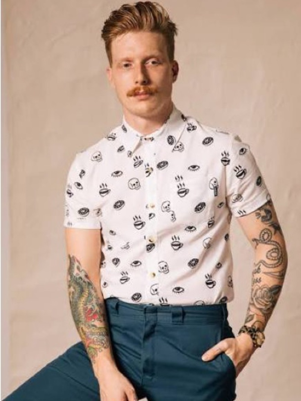 Pyknic Morning Glory Button Up Shirt White Coffee Donut Skull Eye Print